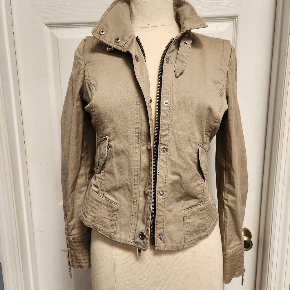 Taupe Fitted Buckle Collar Utility Jacket from White House Black Market. - Picture 2 of 15